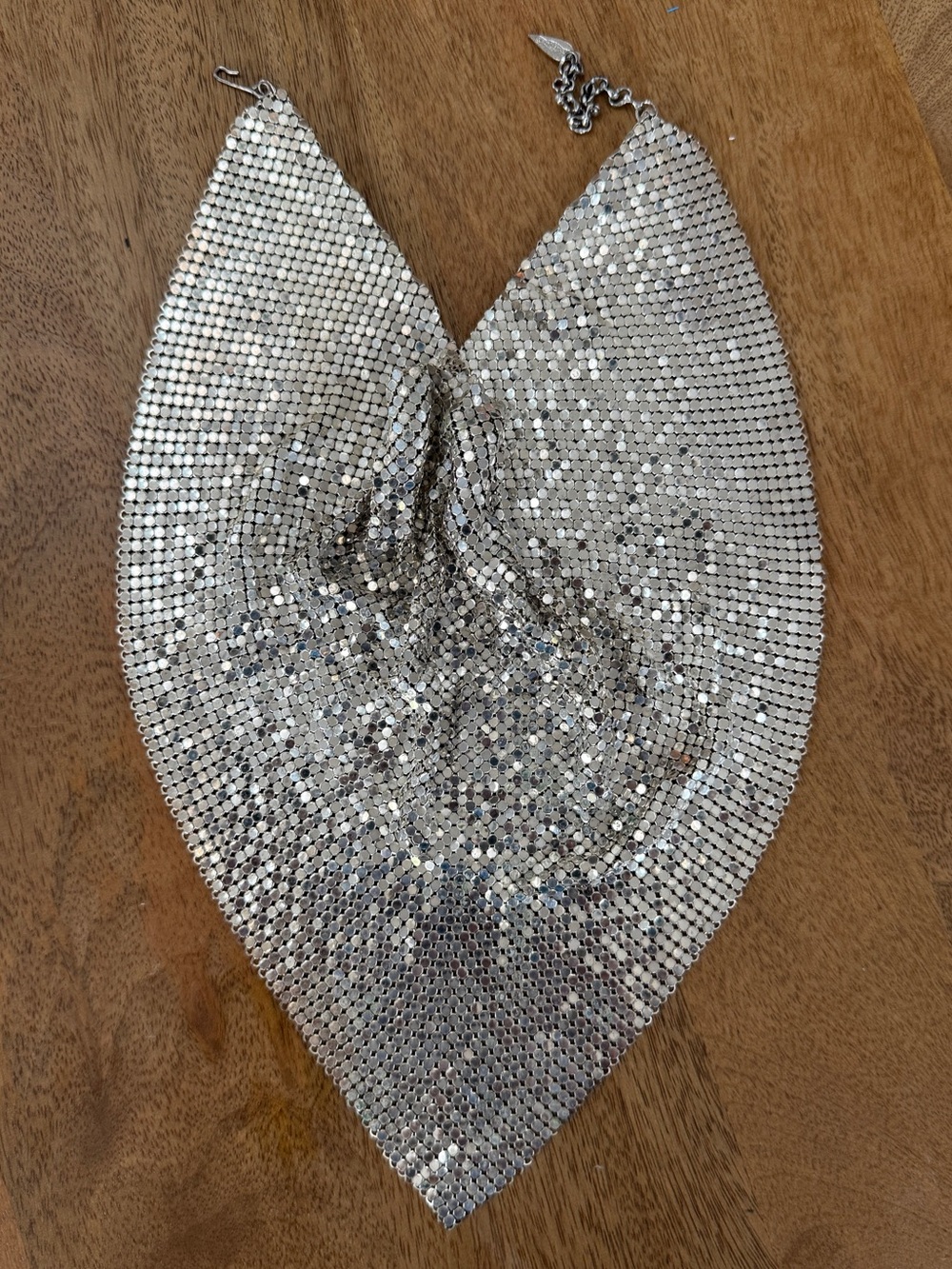 Vintage Signed Whiting & Davis Silver Mesh Bib Scarf Necklace Triangle